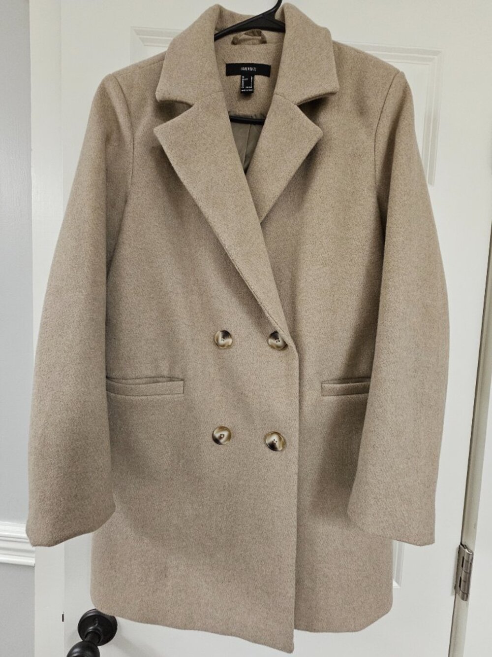 Women's Beige Overcoat from Forever 21, size Large, four-button front closure
